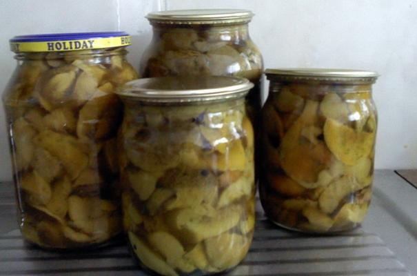 เห็ดรัสซูล่าในขวดบนโต๊ะ