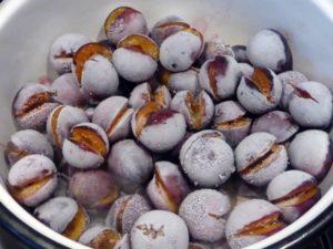 การแช่แข็งลูกพลัมสำหรับฤดูหนาวที่บ้านในช่องแช่แข็งในถุงพร้อมเมล็ดและในน้ำเชื่อม